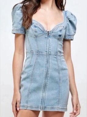 Denim Puff-Sleeve Mini Dress - Light Blue Medium | festival concert dress